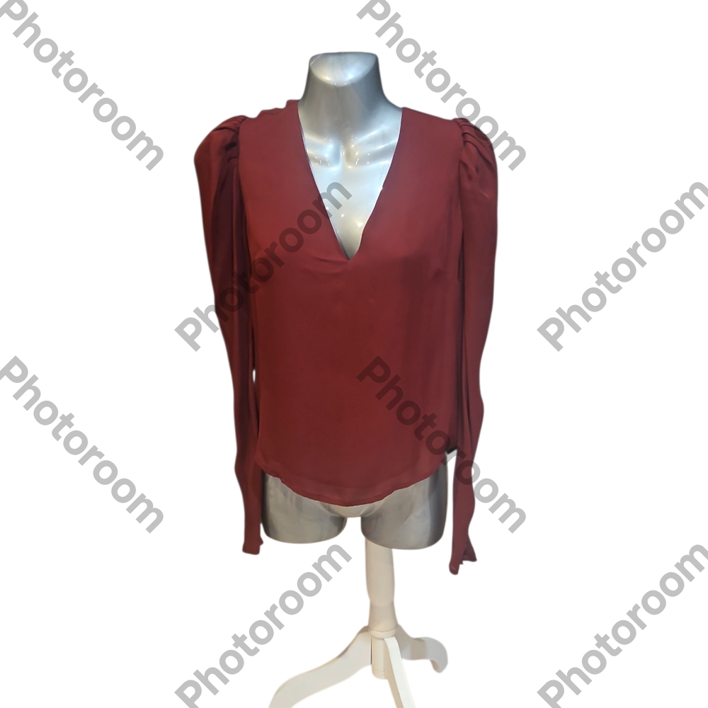 Marciano By Guess Fernanda  % 100 SILK V-Neck Long Sleeve Burgundy Blouse Size 2